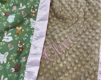 Custom Muted Colors Baby Blanket with Silky Edge Trim- Personalized Cute Minky Cuddle Flannel