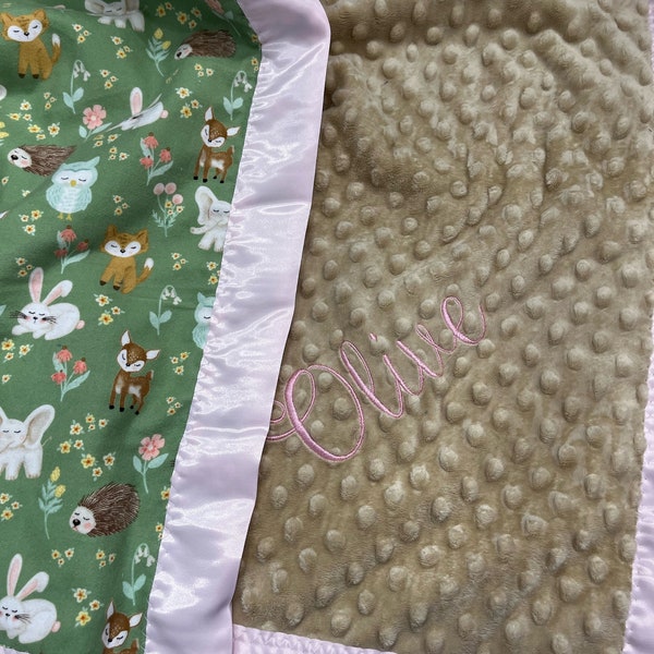 Custom Muted Colors Baby Blanket with Silky Edge Trim- Personalized Cute Minky Cuddle Flannel