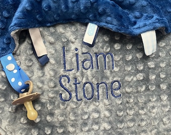 Double-Sided Minky Cuddle Personalized Tag Baby Blanket Muted Colors- Custom Embroidered Plush Shower Gift