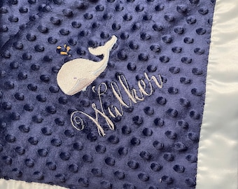 Embroidered Design + Name on Minky & Satin Blanket, Personalized Lovey Custom Soft Baby Blanket