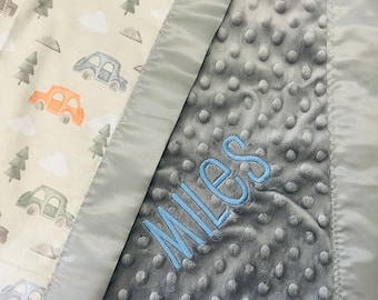 Personalized Satin Edge Minky Dot Baby Blanket- Cars Blanket, Customization Options