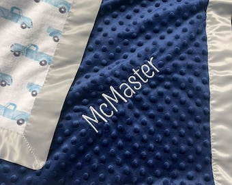 Personalized Flannel Baby Blanket - Satin Trim, Custom Name, Cuddle Blanket, Trucks