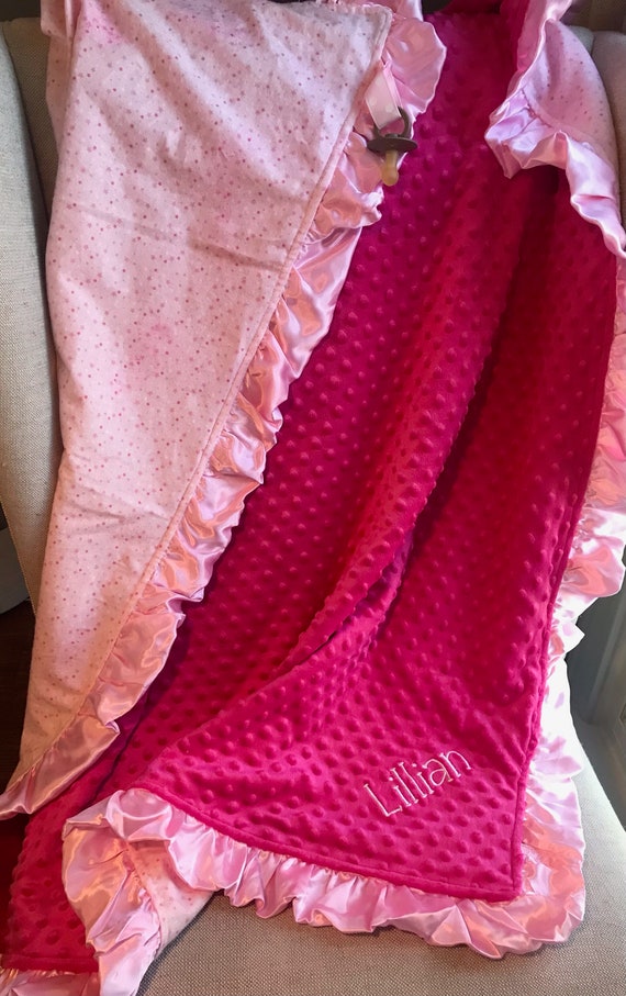 Custom Cuddle Baby Blanket With Pink Big Ruffle Satin Edge Etsy