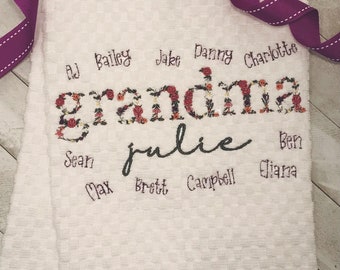 Grandma or Mother's Day Christmas Gift Personalized Custom Floral Kitchen Towel- Grandma, Nana Tea Towel- Kitchen Decor