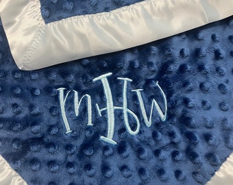 Monogram Blanket, Custom Initials Blankie with Satin & Minky, Personalized Baby Shower Gift
