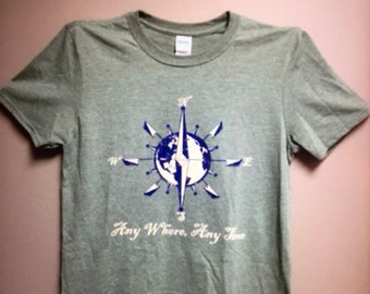 Rowing, Crew T-Shirt,  Nautical Design, Compass Rose, "Row Any Where, Any Time" Athletic, Burn out vintage look, 100% Pre-Shrunk Cotton