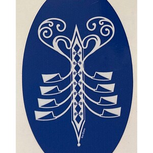 May include: A blue oval sticker featuring a white design of a stylised tree with a pen-like base. The design is reminiscent of a stylised tree with a pen-like base. The text "OarZone" is at the bottom of the sticker.