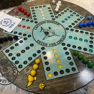 Round Wooden Wahoo Board Game With Dice and Marbles, Free Personalization, 23 with 16MM Marbles