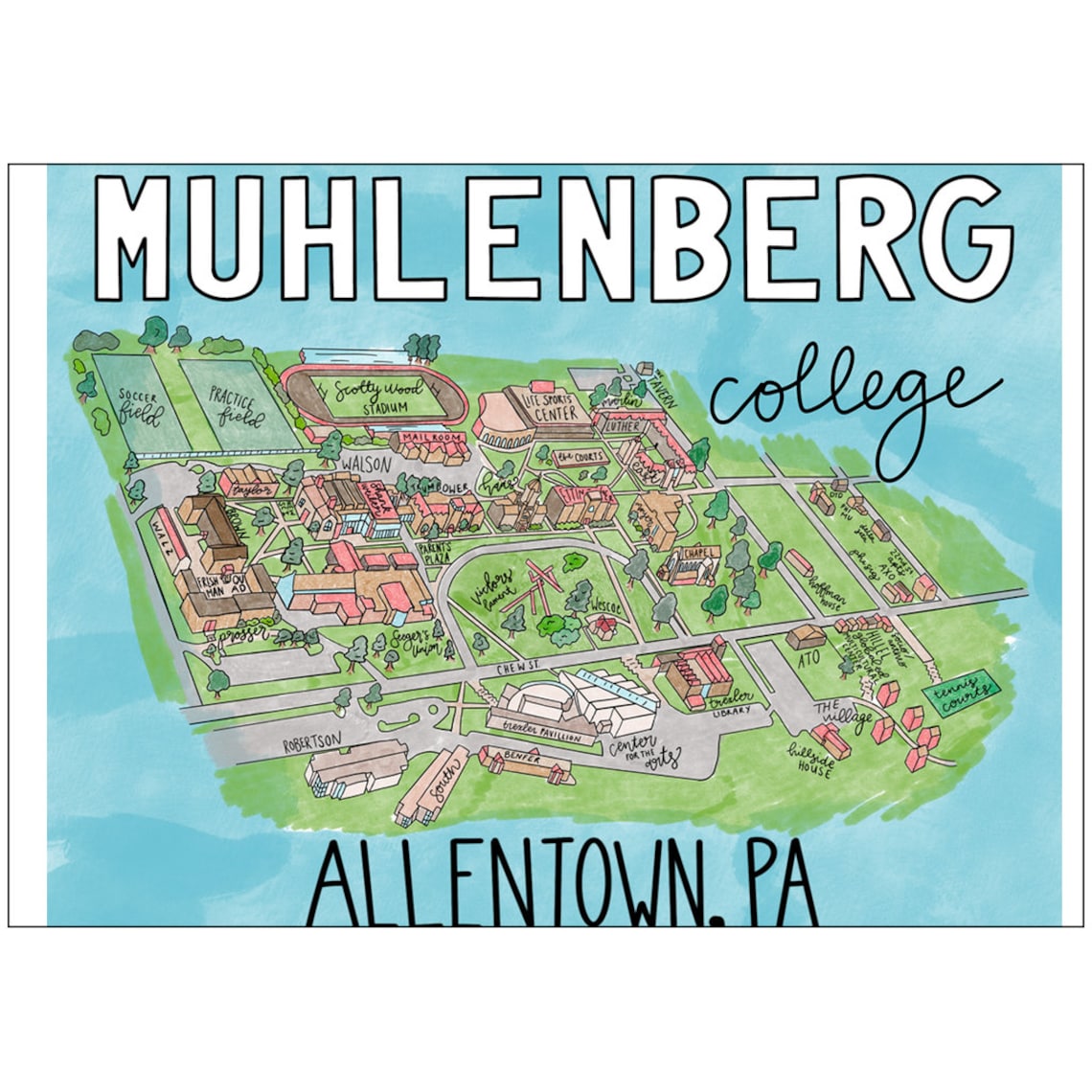 Muhlenberg College Full Color Watercolor Map Art Print Etsy