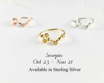 Scorpio Constellation Ring with Sparkle CZ Crystals in Sterling Silver, Gold or Rose Gold, Dainty Zodiac Ring, Celestial Horoscope Jewelry