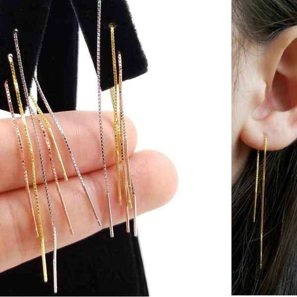 Box Chain Threader Earrings in Sterling Silver | Thin Chain Earrings Silver Gold Rose Gold | Multiple Piercing Earrings | Simple Minimalist