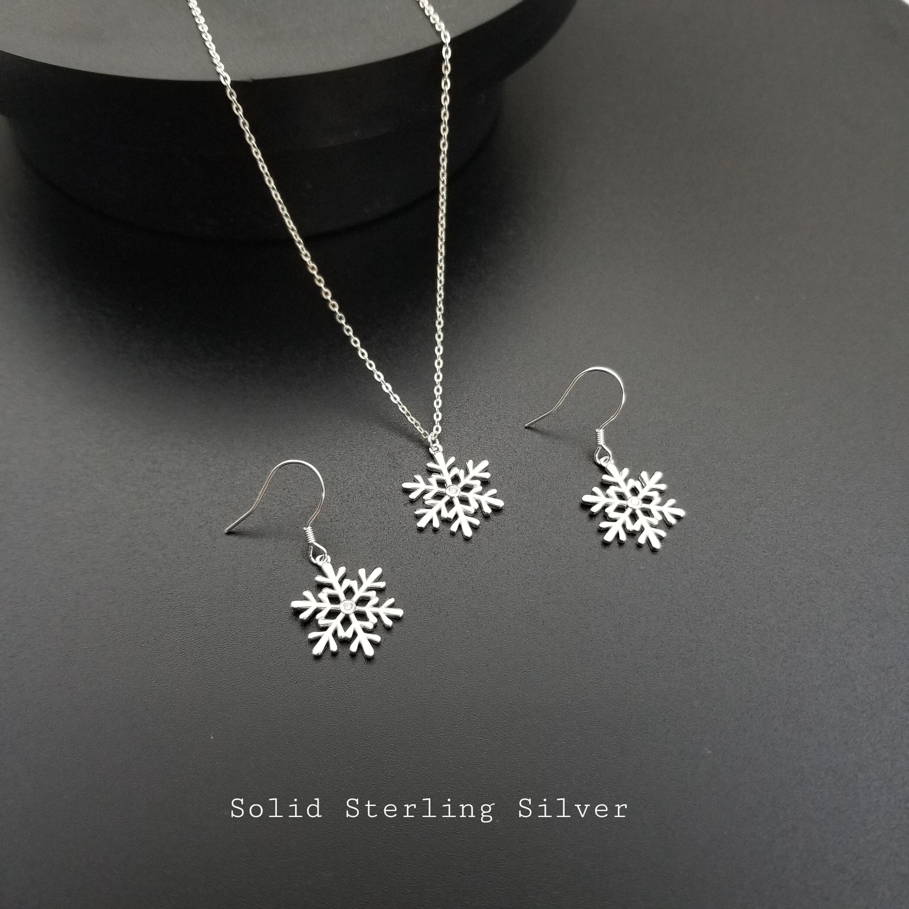 Snowflake Jewelry Set in Solid Sterling Silver Dainty Snowflake Necklace and Dangle Earrings Christmas Jewelry Gift Winter Earrings Etsy