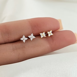Tiny Flower Earring Studs in Sterling Silver Four Leaf Clover with Sparkle Cubic Zirconia Stone, Minimalist Earrings for Kids and Adult