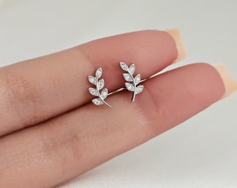 Sterling Silver Leaf Earrings, Cubic Zirconia Leaf Earrings, Tiny Stud Earrings, Silver Earrings Studs, Dainty Minimalist 925 Silver