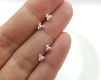 Tiny Trio CZ Stone Earring Studs Sterling Silver in Simple and Minimalist Design, Triple Sparkle CZ Crystal Earrings | Hypoallergenic