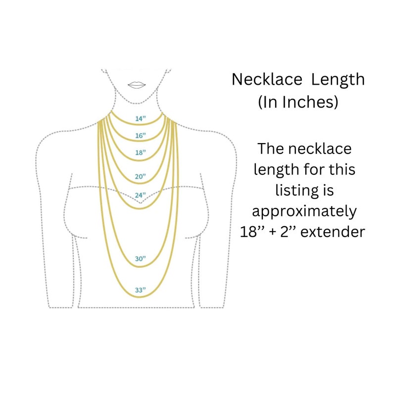 May include: Diagram showing different necklace lengths in inches, from 14 inches to 33 inches. The necklace length for this listing is approximately 18 inches plus a 2-inch extender.