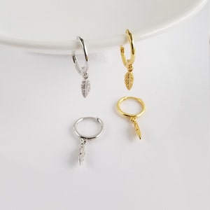 Feather Hoop Earrings in Sterling Silver Gold Hoop Earrings Huggie Hoops Dangle Earrings Sleeper Hoop Earrings Dainty Small Earrings