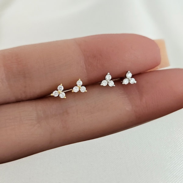 Tiny Trio CZ Stone Earring Studs Sterling Silver in Simple and Minimalist Design, Triple Sparkle CZ Crystal Earrings | Hypoallergenic