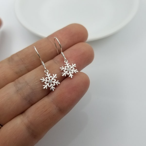 Small Snowflake Dangle Earrings in Sterling Silver With CZ Center Stone, Winter Earrings, Christmas Gift idea, Kids Dangle Earrings