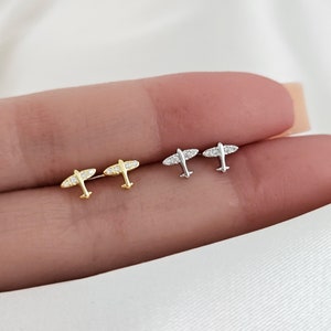 Tiny Airplane Earring Studs Sterling Silver Gold, Minimalist Airplane Stud Earrings, CZ Earrings, 925 Sterling Silver