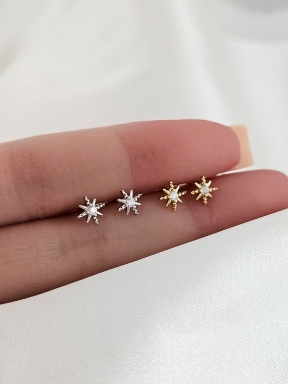 Pair of 925 Sterling Silver Tiny Dainty White CZ Star & Moon Minimal Earrings Pair of 925 Sterling Silver Tiny Dainty White CZ Star & Moon Minimal Earrings