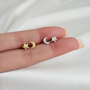 Crescent Moon and Star Stud Earrings in Sterling Silver, Mismatched Earrings, Tiny Stud Earrings, Silver Stud Earrings, Silver Moon Earring
