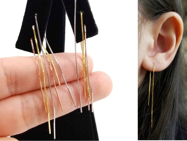 Threader Earrings Gold Rose Gold Silver Threader Earrings, Box Chain Earrings Drop Earrings, Silver Earrings Dangle Earrings image 5