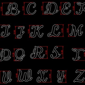 May include: A white outline of the alphabet in a cursive font. Each letter is individually framed with a red outline and labeled with measurements in inches.
