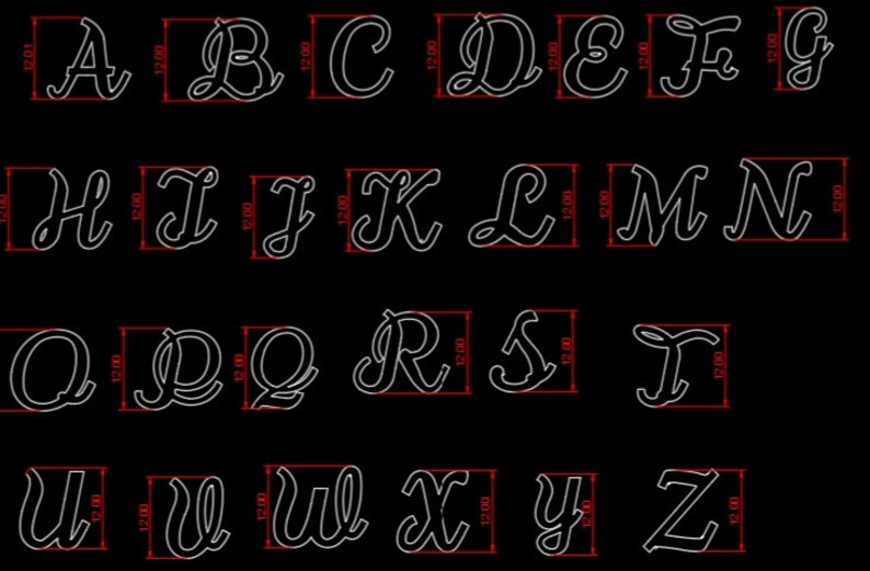 May include: A white outline of the alphabet in a cursive font. Each letter is individually framed with a red outline and labeled with measurements in inches.