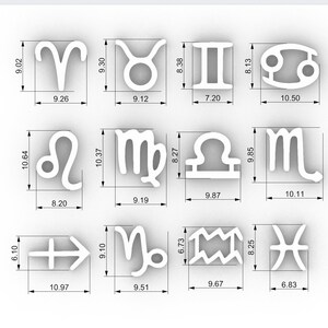 May include: A white outline of the 12 zodiac signs with measurements in inches. The signs are arranged in three rows of four. The signs are Aries, Taurus, Gemini, Cancer, Leo, Virgo, Libra, Scorpio, Sagittarius, Capricorn, Aquarius, and Pisces.