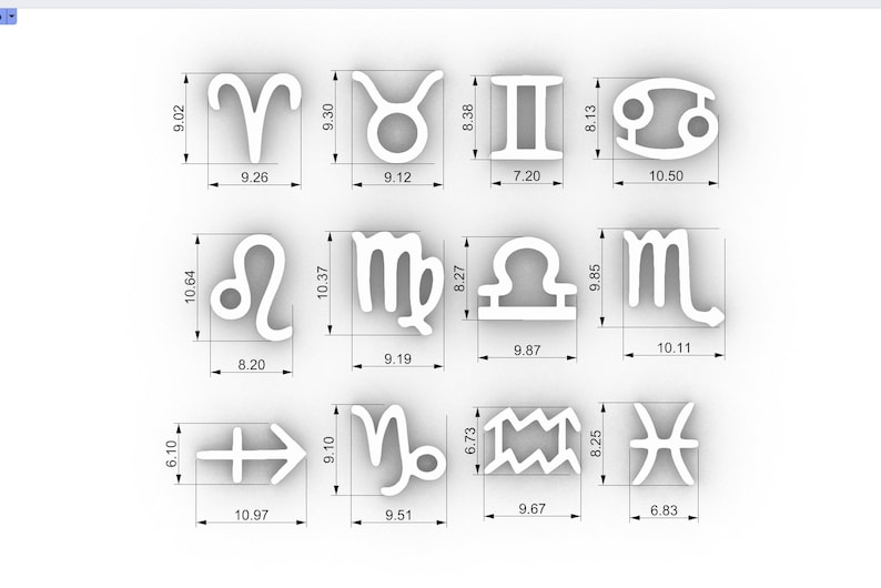 May include: A white outline of the 12 zodiac signs with measurements in inches. The signs are arranged in three rows of four. The signs are Aries, Taurus, Gemini, Cancer, Leo, Virgo, Libra, Scorpio, Sagittarius, Capricorn, Aquarius, and Pisces.