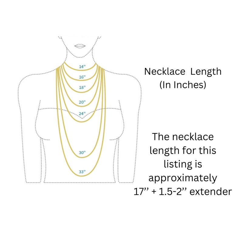 May include: Diagram showing different necklace lengths in inches, from 14 inches to 33 inches. The necklace length for this listing is approximately 17 inches plus a 1.5 to 2 inch extender.