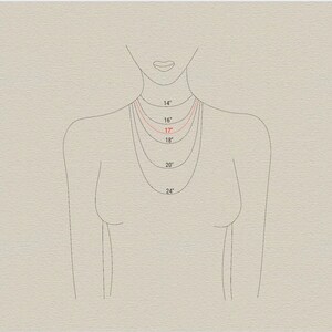 May include: A line drawing of a person's neck and shoulders with different necklace lengths marked in inches, from 14 inches to 24 inches.