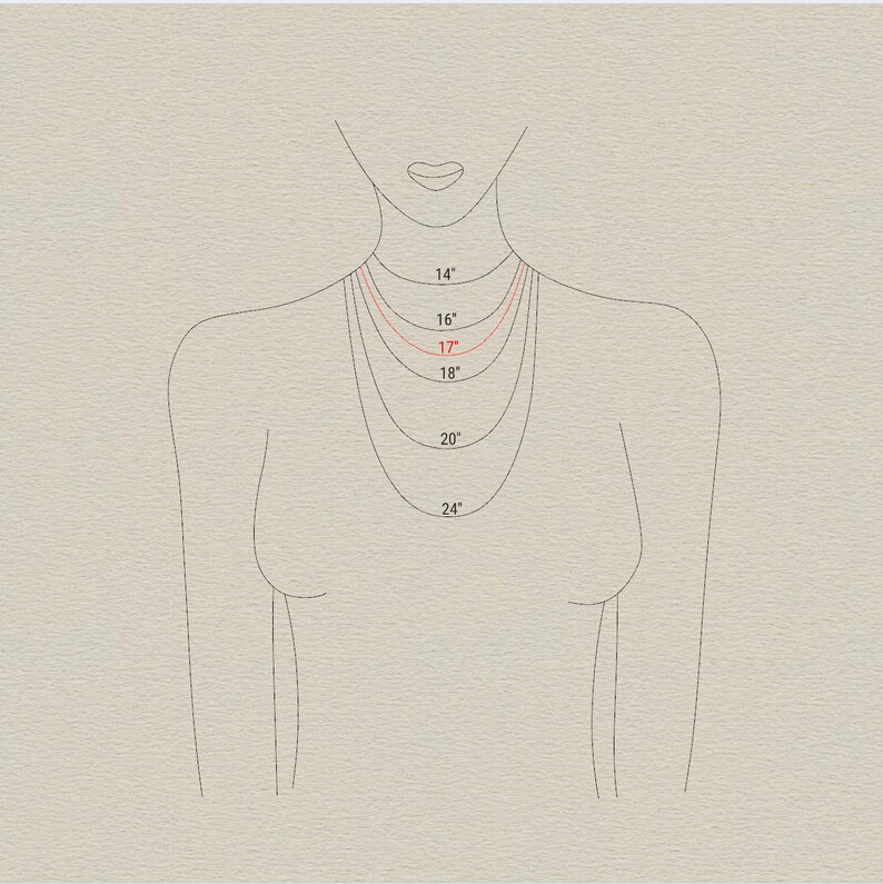 May include: A line drawing of a person's neck and shoulders with different necklace lengths marked in inches, from 14 inches to 24 inches.