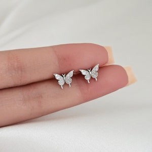 Butterfly Earring Studs in Sterling Silver, Silver Stud Earrings, Cartilage Earrings, Cubic Zirconia Stud Earrings