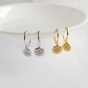 Thin Hoop Earrings with Starburst Disc Charm in Solid Sterling Silver, Small Huggie Gold Hoop Earrings, Nickel free, Hypoallergenic