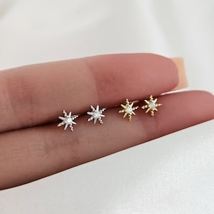 Sterling Silver Starburst Earring Studs, Minimalist Star Earrings Silver, Tiny Small Star Earrings Gold, Cubic Zirconia Star Earrings Studs