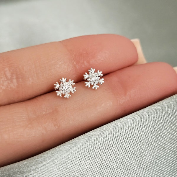 Minimalist Snowflake Earrings Stud in Sterling Silver With Sparkle CZ Stone | Tiny Snowflake Stud Earrings for Kids | Christmas Earrings