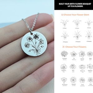 Puede incluir: Un collar de plata con un colgante redondo que presenta un dibujo de línea negra de un ramo de flores. El colgante está grabado con el texto "Built Your Birth Flower Bouquet Up To 6 Flowers".