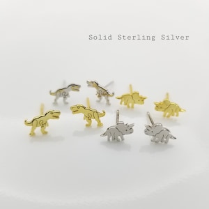 Tiny Dinosaur Stud Earrings in Silver and Gold, Dainty T-Rex Triceratops Studs, Dinosaur Jewelry, Animal Earrings, T Rex Dinosaur Earrings