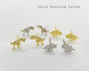 Tiny Dinosaur Stud Earrings in Silver and Gold, Dainty T-Rex Triceratops Studs, Dinosaur Jewelry, Animal Earrings, T Rex Dinosaur Earrings