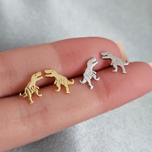 T Rex Dinosaur Earrings Studs, Cute Animal Stud Earrings, Adorable Dino Jewelry Silver or Gold, Quirky Earrings, Dino Lover Gift