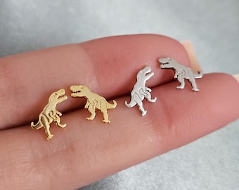 T Rex Dinosaur Earrings Studs, Cute Animal Stud Earrings, Adorable Dino Jewelry Silver or Gold, Quirky Earrings, Dino Lover Gift