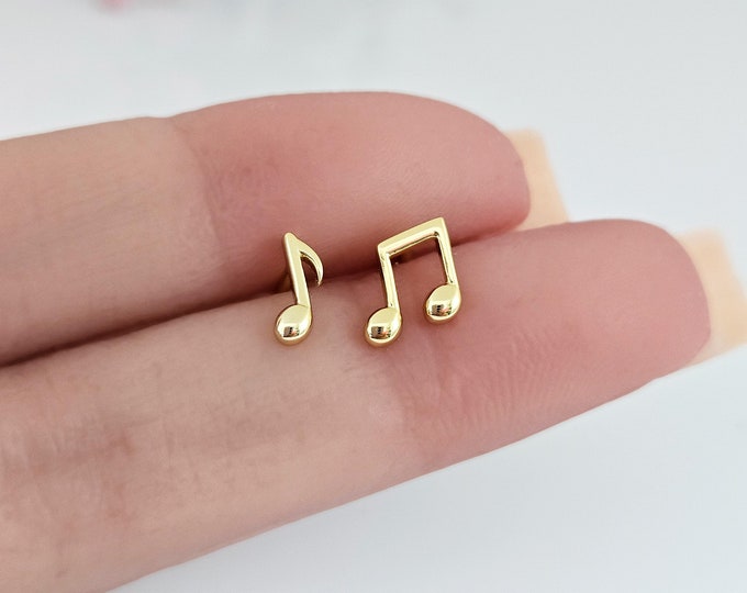 Small Musical Notes Earrings Studs in Sterling Silver | Musical Symbol Stud Earrings Gold and Silver Minimalist | Musical band Gift Idea