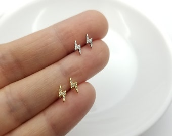 Lightning Bolt Earrings in Sterling Silver with Tiny CZ Crystals, Thunderbolt Stud Earrings, Tiny Lightning Earrings, Minimalist Cartilage