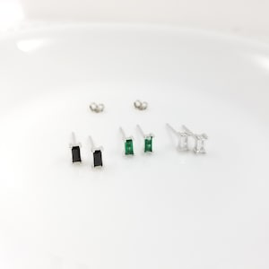 Sterling Silver Baguette Earring Studs, Black Baguette Stud Earrings, Rectangle Emerald Earrings, Minimalist Everyday Earrings
