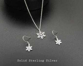 Snowflake Necklace and Earrings Set in Solid Sterling Silver, Snowflake Dangle Earrings, Dainty Minimalist, Christmas Gift, Winter Earrings