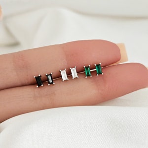 Emerald / Black Baguette Stud Earrings Sterling Silver,  Dainty Earring Studs, Mothers day Gift Idea, Trendy Earrings 2024