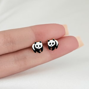 Sterling Silver Panda Bear Earrings, Enamel Coated,  Quirky Animal Jewelry, Cute Earrings, Fun Wildlife Lover Gift Idea, Christmas Present