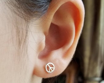 Tiny Peace Sign Earrings in Sterling Silver, Harmony Peace and Love Stud Earrings Silver Earring Studs Minimalist Dainty Earrings